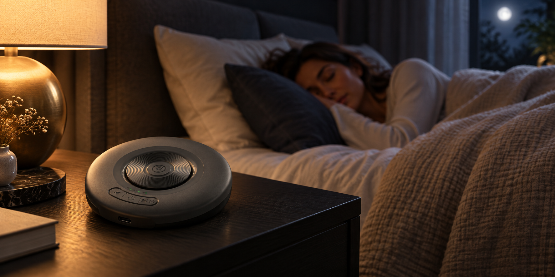 A Cisleb sleep speaker on a bedside table beside a person sleeping peacefully
